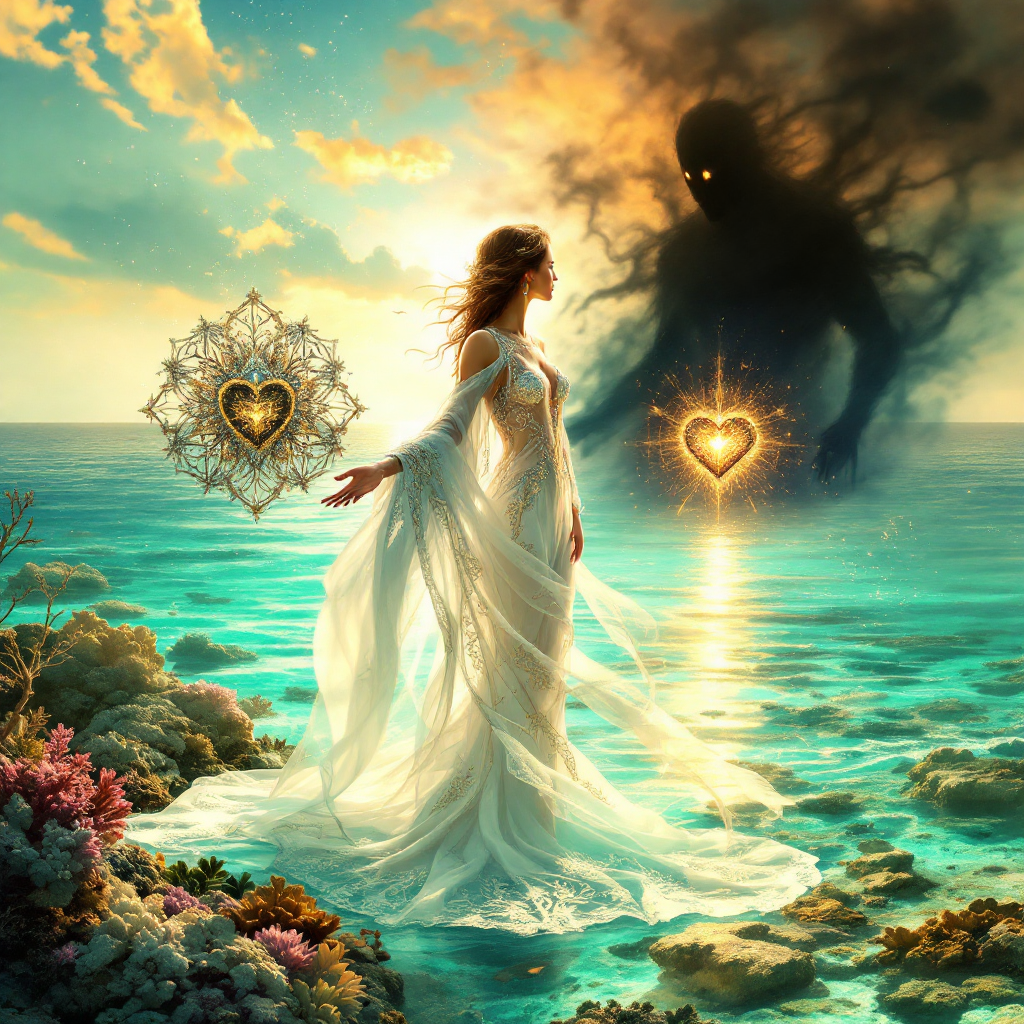 A serene woman in a flowing white gown stands by the water, facing a dark shadowy figure. Radiant hearts symbolize love and protection against the looming fear.