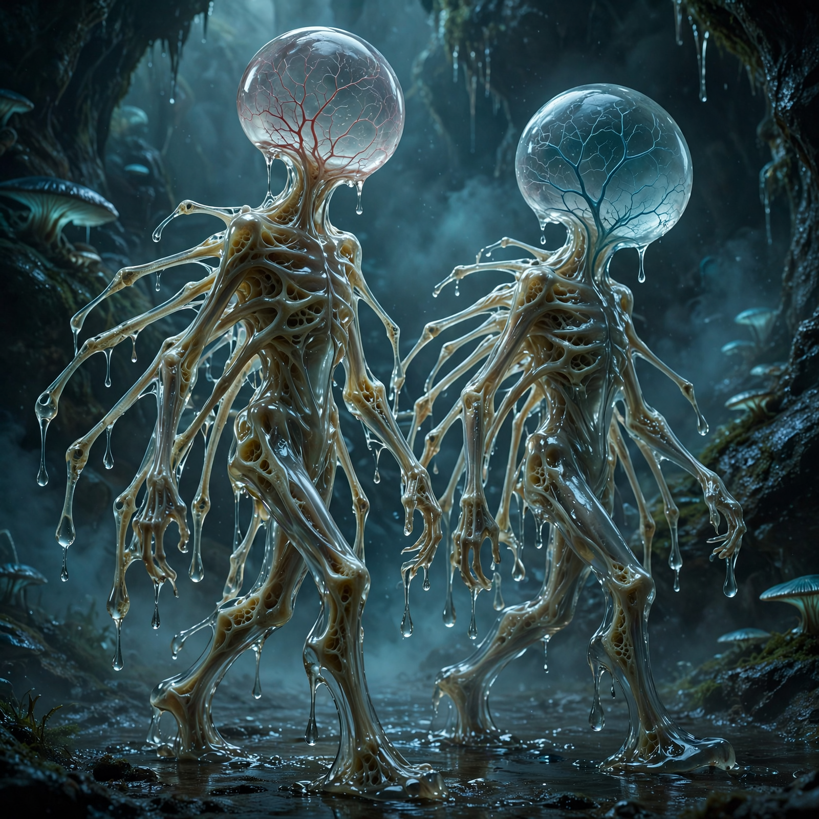 Two tall, svelte creatures with smooth, oily, gelatinous skin and too-many spindly limbs walk through a dark, eerie forest, their faceless mucus droplets glowing faintly.
