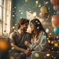 A couple shares a joyful moment together, surrounded by colorful balloons and confetti, embodying quiet connection and vibrant celebration of life.