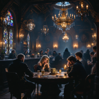 A dimly lit, ornate tavern filled with people gathered around tables, some deeply engrossed in conversation, reflecting the weight of their choices amid glowing chandeliers and stained glass.