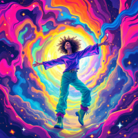 A person with curly hair stands joyfully in a vibrant, swirling cosmos of colors, embodying the essence of madness, chaos, and beauty as they embrace the transformative energy around them.