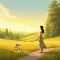 A woman stands on a path in a sunlit meadow, gazing at rolling hills and blooming flowers, embodying the idea of breaking cycles and taking a stand.