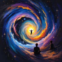 A colorful spiral galaxy swirls around a small figure standing in the center, while two silhouettes sit in the foreground, reflecting the quote about the understanding gap between adults and children.