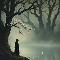 A figure in a dark hooded cloak stands by a misty river, under a tree with pale blossoms, evoking the sentiment of being a story's ending rather than its narrative.