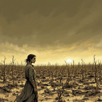 A lone woman stands in a barren landscape, witnessing a desolate field under a darkened sky, reflecting on the hardships of life post-agricultural revolution.