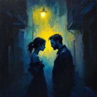 A dimly lit alley illuminates two figures facing each other, embodying the tension of trust in their expressions, reflecting the fragility of shared experiences and the weight of betrayal.