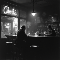 A dimly lit bar scene features two men seated at the counter, surrounded by a nostalgic atmosphere. The neon sign reads Chocke's, evoking a sense of simplicity and warmth.