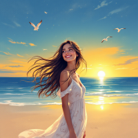 A joyful woman in a flowing dress stands on a sandy beach, smiling at a vibrant sunset. Seagulls soar overhead, embodying a sense of freedom and optimism.