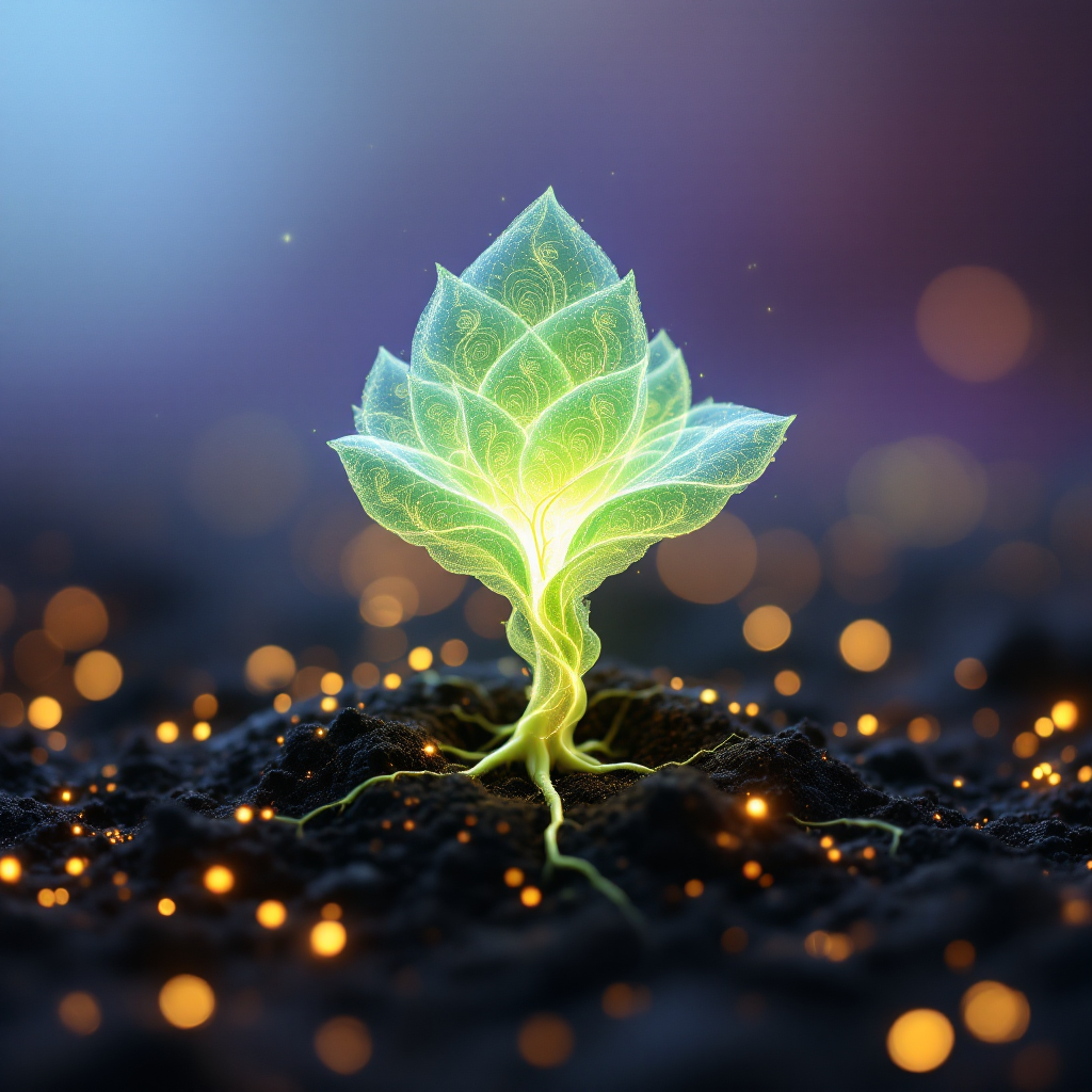 A luminous seedling emerges from dark soil, surrounded by soft, glowing lights, symbolizing the quote: The seed of the future must be sown in the soil of the present.