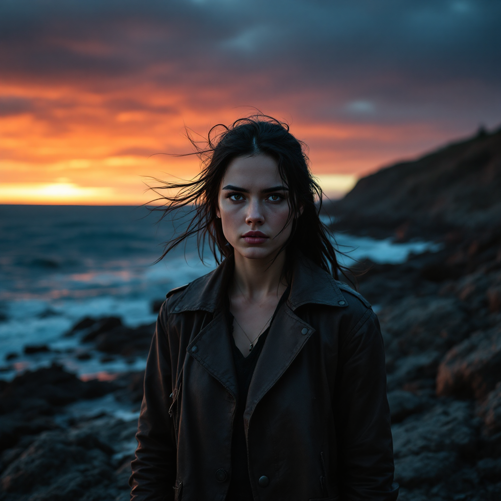 A woman in a leather jacket stands on rocky shores, gazing intently at the ocean under a dramatic sunset, embodying the essence of the quote, In the end, what matters is what you do.