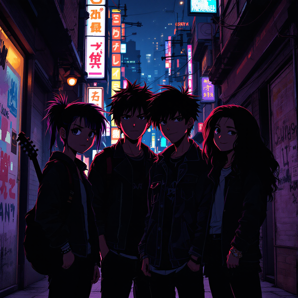 Four figures stand together in a dimly lit alley adorned with vibrant neon signs, embodying the quote: We’re all the same—just different shadows on the wall. Their silhouettes cast a striking contrast.