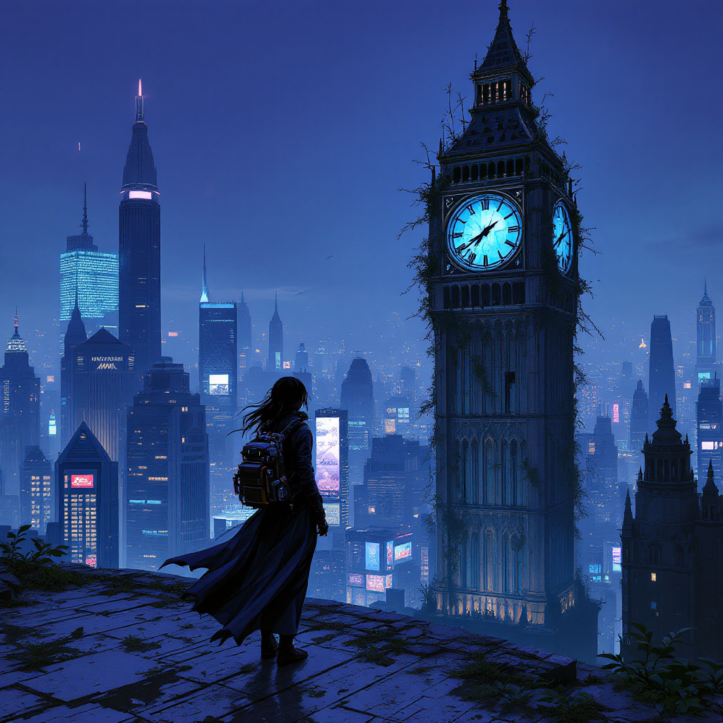 A figure stands on a ledge at dusk, gazing at a towering, ivy-covered clock tower amidst a futuristic city skyline, embodying the challenge of escaping a haunting past.