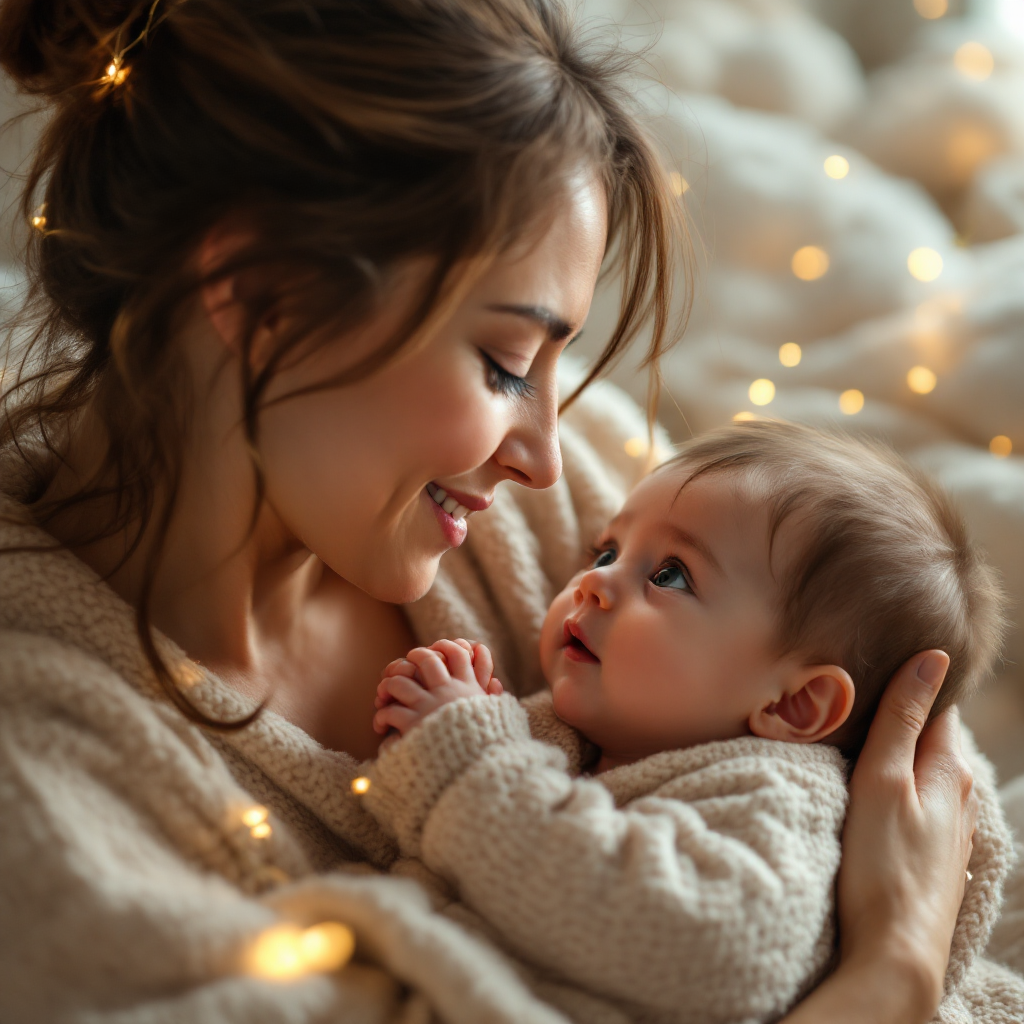 A mother lovingly gazes at her baby, both wrapped in cozy sweaters and surrounded by soft lights, capturing the essence of love that surpasses even the greatest magic.