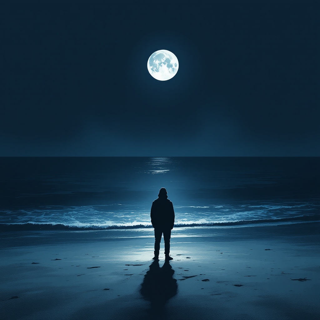 A solitary figure stands on a moonlit beach, gazing at the calm ocean, embodying the essence of a lonely, self-contained existence. The scene radiates solitude and introspection.