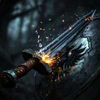 A sword with a shimmering blade strikes a shield, creating sparks. The scene is set in a dark forest, enhancing the tension and drama of the moment.