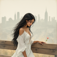 A woman in a flowing white dress stands by a wooden railing with a single rose, gazing thoughtfully at a hazy city skyline, embodying the sentiment of connection and shared humanity.