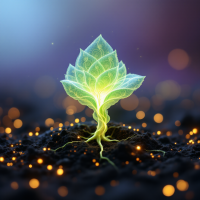 A luminous seedling emerges from dark soil, surrounded by soft, glowing lights, symbolizing the quote: The seed of the future must be sown in the soil of the present.