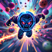 A vibrant, futuristic character with glowing eyes and armor bursts through space, dodging colorful spheres, embodying the quote about a brain in a game of dodgeball.