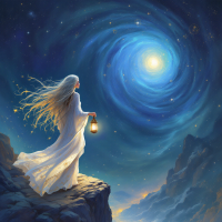 A figure in a flowing white gown stands on a rocky outcrop, holding a lantern, gazing up at a swirling galaxy under a starry sky, embodying the quest for truth beyond illusion.