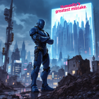 A futuristic, armored figure stands confidently in a dystopian cityscape, gazing toward a towering screen that proclaims Humanity's greatest mistake, reflecting on adaptability and lessons unlearned.