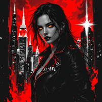 A fierce woman stands confidently in front of a fiery red cityscape, wearing a leather jacket emblazoned with RE-BEL, embodying the spirit of rebellion and existence.