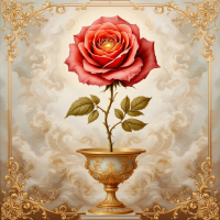 A luminous red rose stands elegantly in a decorative golden vase, set against a soft, cloud-like background, embodying the essence of devotion and significance from the quoted reflection.