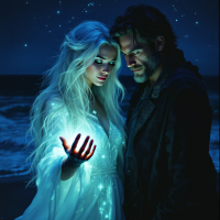 A ethereal woman with glowing, sparkling energy in her hand stands close to a rugged man under a starlit sky, embodying the complex emotions of wanting versus needing in connection.