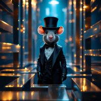 A dapper rat in a tuxedo and top hat stands confidently in a shimmering maze, representing the quote about freedom within constraints. The scene is illuminated with golden lights.