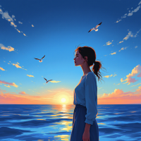 A woman stands by the ocean at sunset, gazing thoughtfully toward the horizon as birds soar overhead, embodying the spirit of overcoming fear.