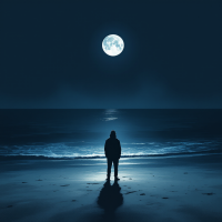 A solitary figure stands on a moonlit beach, gazing at the calm ocean, embodying the essence of a lonely, self-contained existence. The scene radiates solitude and introspection.