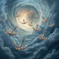 A dreamlike scene of glowing anchors suspended in swirling, stormy clouds, evoking the idea of words as anchors for fleeting memories, illuminated by a soft, ethereal light.