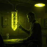 A man studies a glowing glass tube filled with floating organic shapes, resembling replicators or ice-eating seeds, in a dim, green-lit lab.
