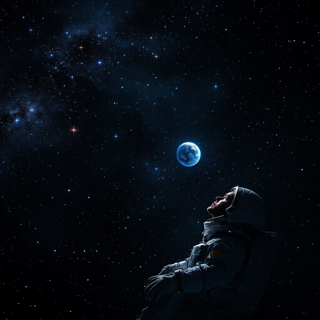 An astronaut gazes upward into a starry abyss, with Earth visible among the unflickering stars, embodying the wonder of the unknown and the vast cosmos.