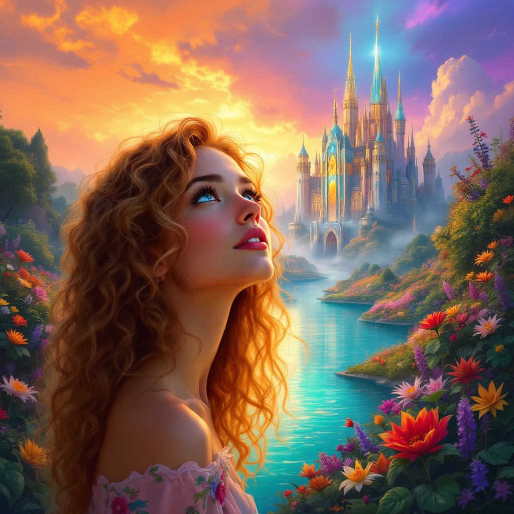 A young woman with curly hair gazes up in wonder against a vibrant sunset, with a mystical castle in the background, embodying the essence of fantasy and imagination.