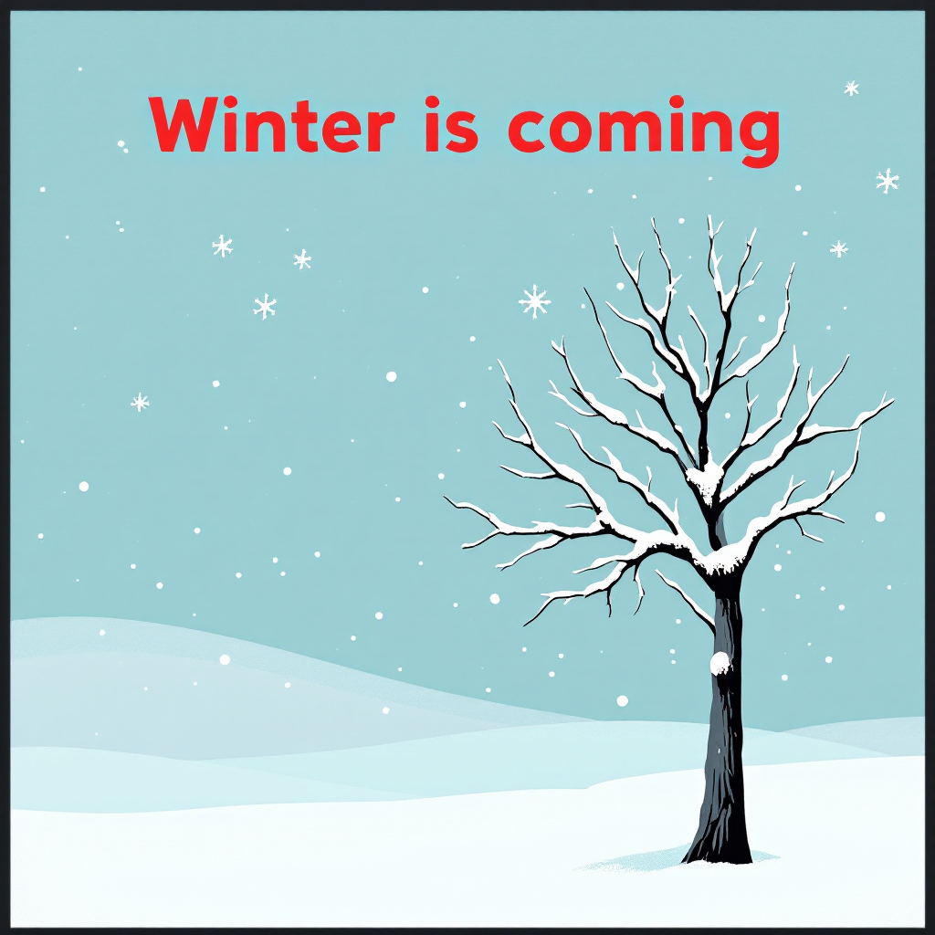 A barren, leafless tree stands against a light blue winter sky filled with falling snowflakes, accompanied by the phrase Winter is coming in bold red text.