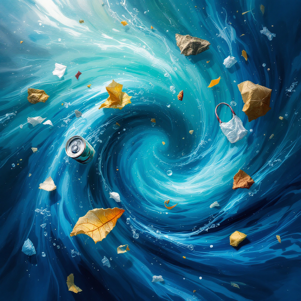 A swirling blue ocean scene filled with debris, including leaves, a soda can, and crumpled paper, reflecting the quote about the allure of fun in crummy situations.