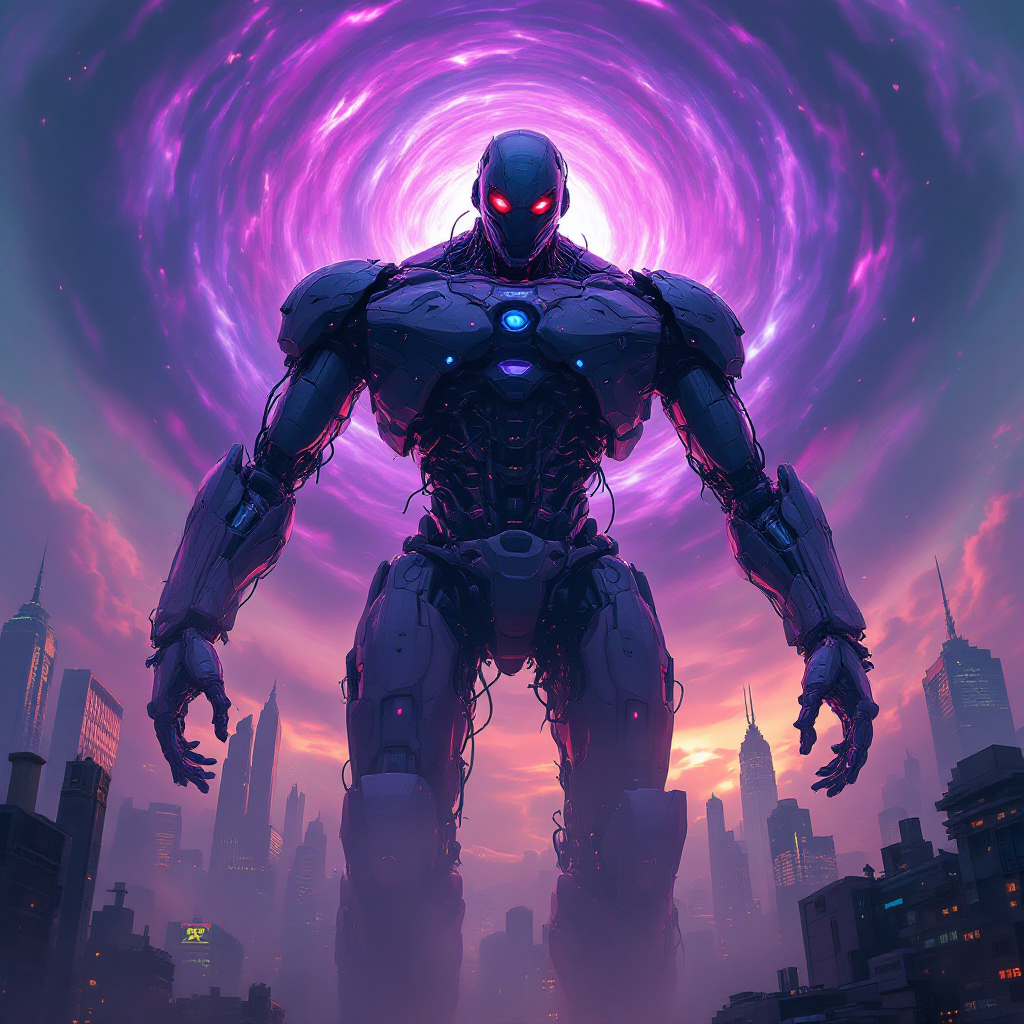 A towering robot stands in a futuristic cityscape, framed by a swirling purple portal, embodying the quote, You cannot fight the future. The atmosphere is both ominous and awe-inspiring.