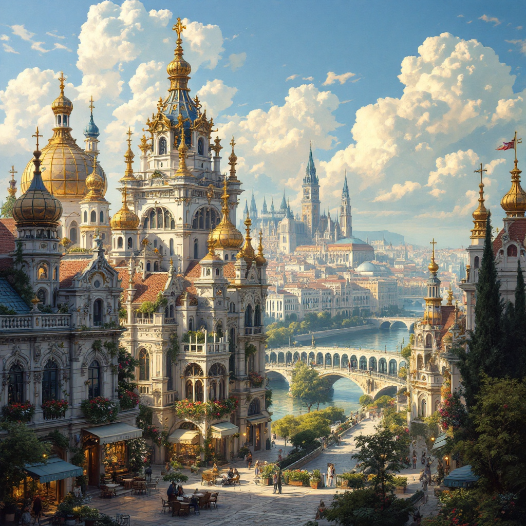 A majestic cityscape featuring ornate buildings with golden domes, lush greenery, and a serene river, set under a bright sky, illustrating the varied distances and essence of cities.