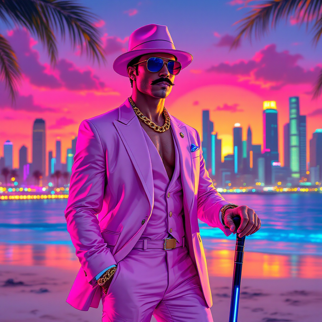 A stylish man in a pink suit and hat stands confidently on a beach at sunset, with a vibrant city skyline behind him, embodying the choice of one's own path.