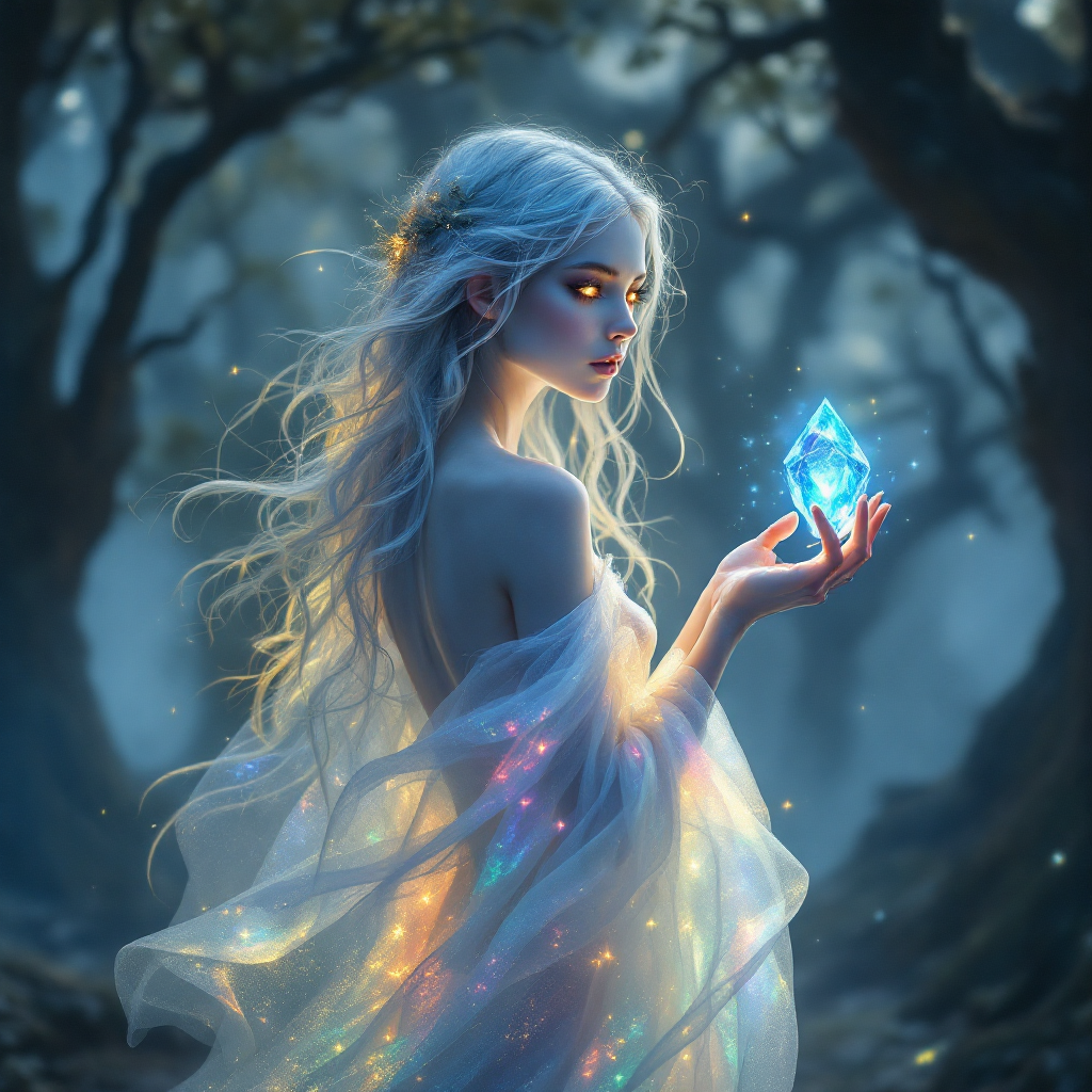 A mystical figure with flowing, luminous hair holds a glowing blue crystal in a shadowy forest, embodying the quote: Hope is a light in the darkness, a guiding star when all seems lost.