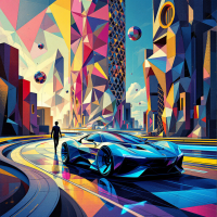 A vibrant, futuristic cityscape features a sleek, blue sports car on a winding road, reflecting a world where advanced technology and geometric structures converge, encapsulating the quote about an unevenly distributed future.