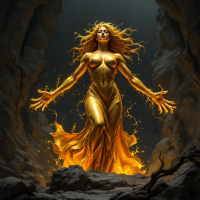 A powerful figure rises from flames, embodying strength and resilience. Golden and radiant, she symbolizes transformation and the strength that can emerge from pain.