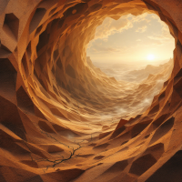 A textured tunnel made of angular, sandy formations leads to a bright horizon, symbolizing the interplay of interpretation and power in shaping perception.