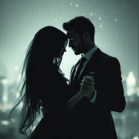 A silhouette of a couple dancing closely against a starry backdrop, embodying the intertwined nature of good and evil as they share an intimate moment in the shadows.