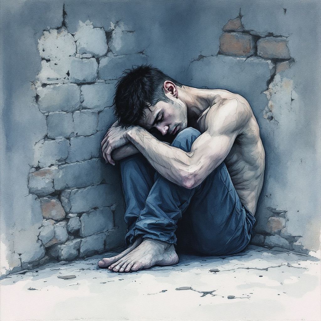 A despondent young man sits curled in a corner, his bare torso against a cracked wall, embodying the crushing weight of poverty and despair. Soft, muted colors enhance the somber mood.