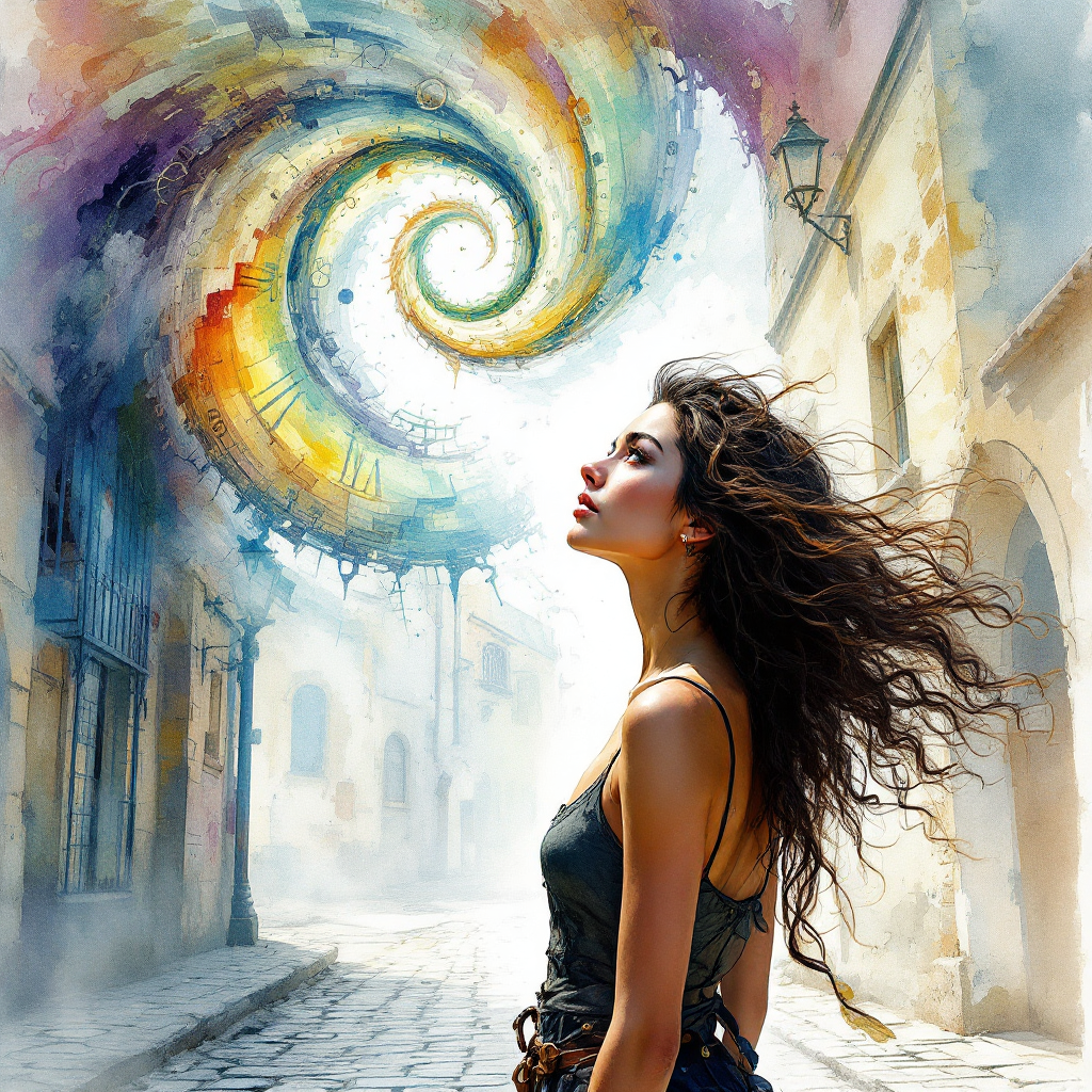 A woman stands in a cobblestone street, gazing up at a swirling vortex of colors and clock faces overhead, symbolizing the exploration of time's secrets through risk.