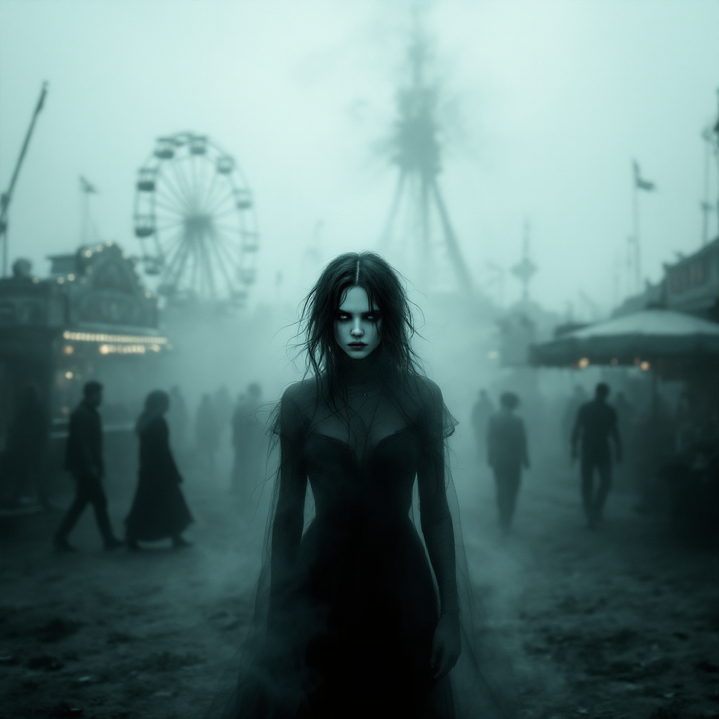 A figure in a dark dress walks through a misty, fairground scene, shrouded in smoke and shadows, evoking a sense of disappearance and denial amidst the eerie atmosphere.