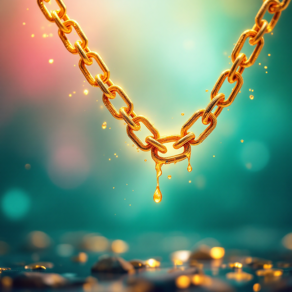 A golden chain drips with water, suspended in a colorful, blurred background, symbolizing the quote, Every chain can be broken, even those that are made of gold.