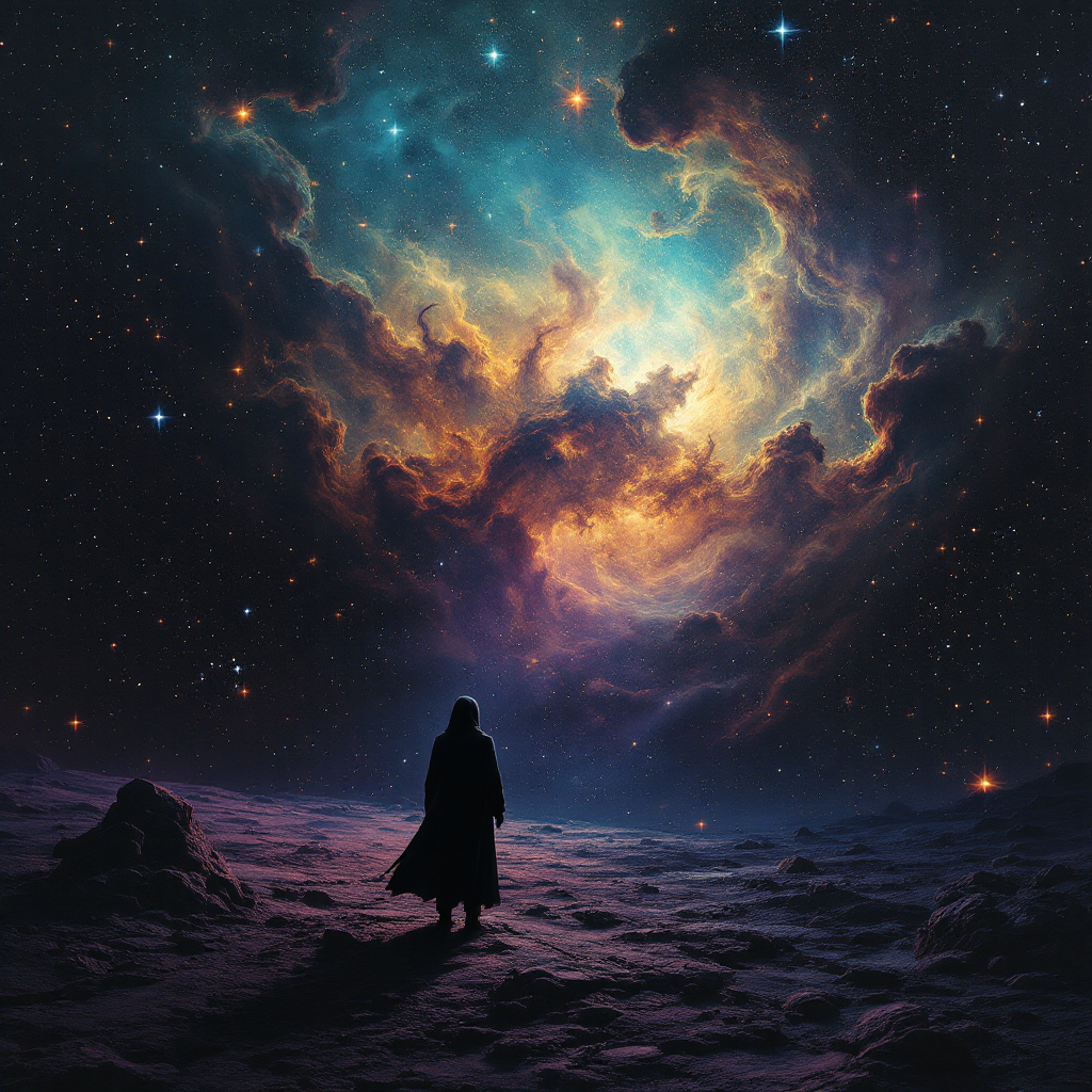 A solitary figure stands on a barren landscape, gazing up at a vibrant cosmic expanse filled with swirling clouds of color and countless stars, evoking a sense of timeless knowledge and loss.