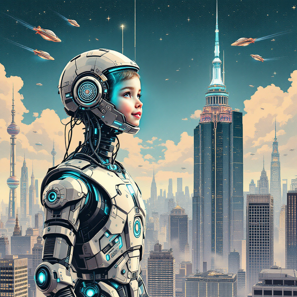 A futuristic robotic figure resembling a child gazes over a sprawling cityscape, embodying the hidden child within every man that yearns to play, amid sleek buildings and flying vehicles.